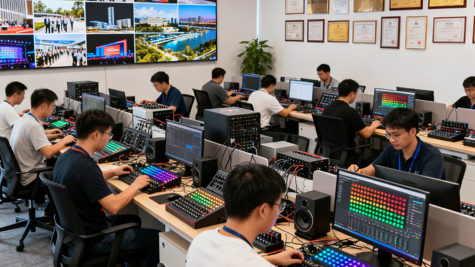 DS视讯深圳总部办公区，二十余位工程师在开放式工位上调试LED模组和音频设备，墙上挂满项目实景照片与资质证书