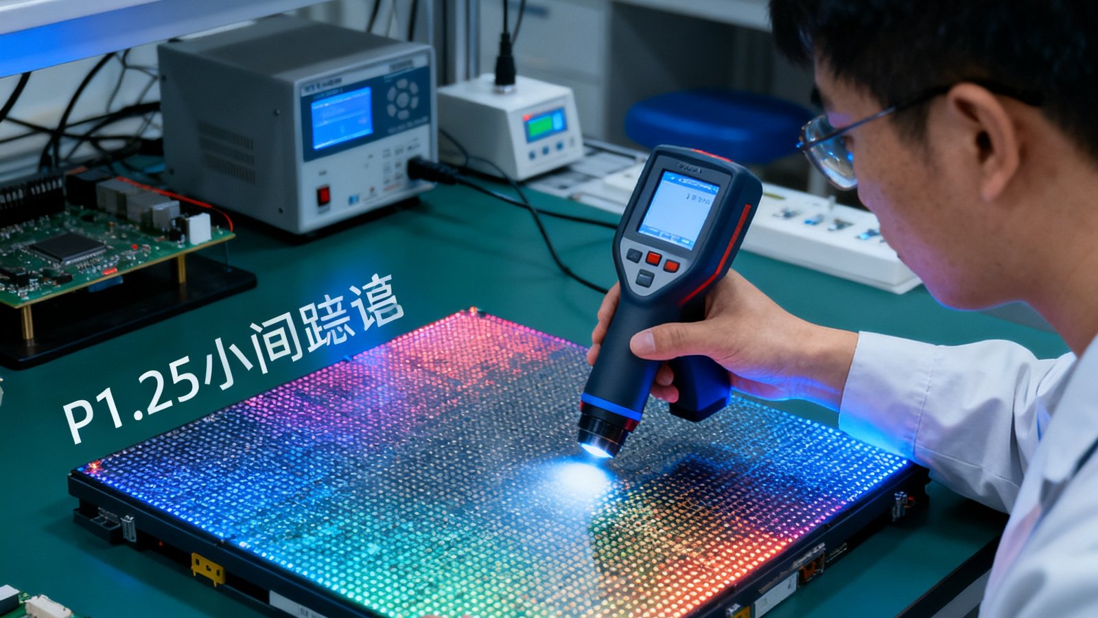 DS视讯实验室中，技术人员使用光谱仪对P1.25小间距LED模组进行色温一致性逐点检测