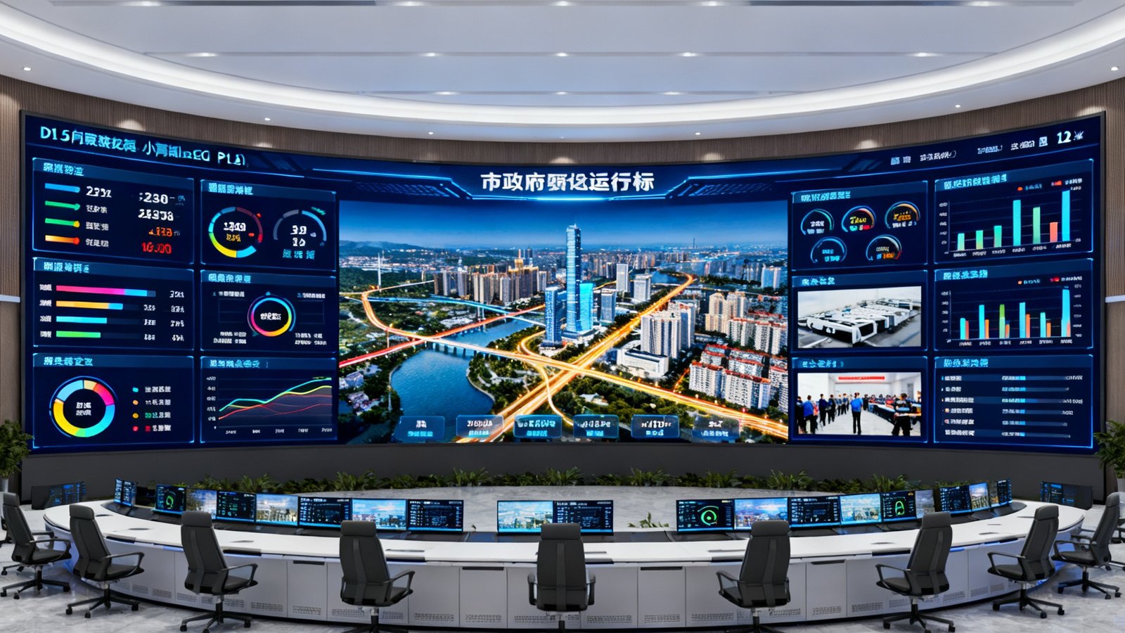 某市政府全控中心内安装的DS视讯P1.5小间距LED大屏，显示城市运行数据看板，弧形拼接宽度超过12米