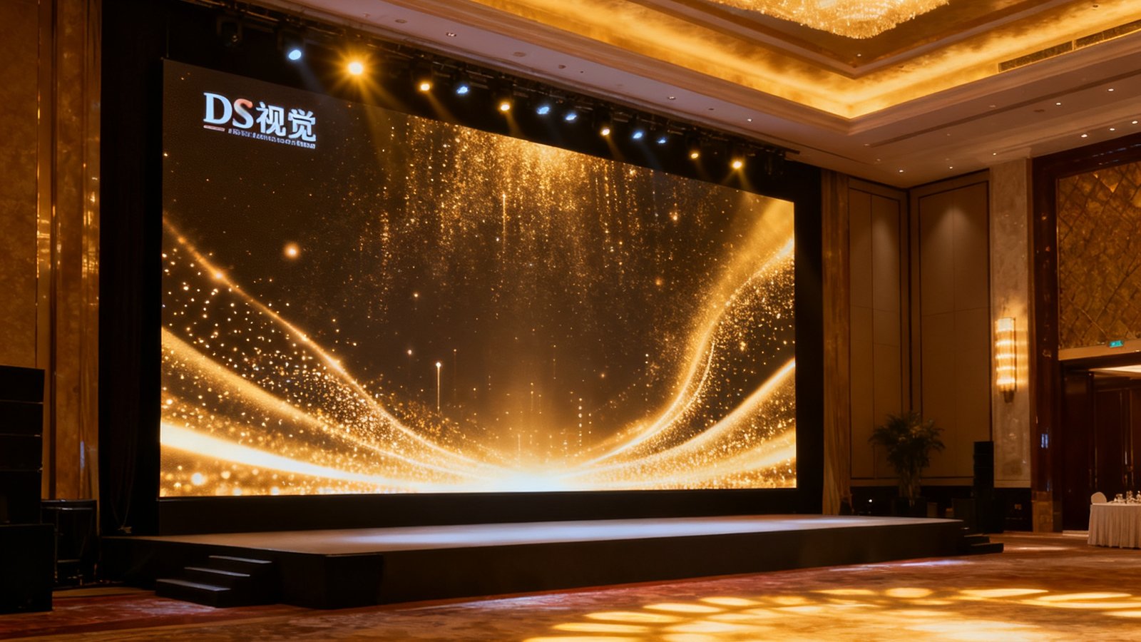 某五星级酒店多功能宴会厅内，DS视讯厅安装的P2.0小间距LED主屏配合智能灯光系统呈现沉浸式视觉效果