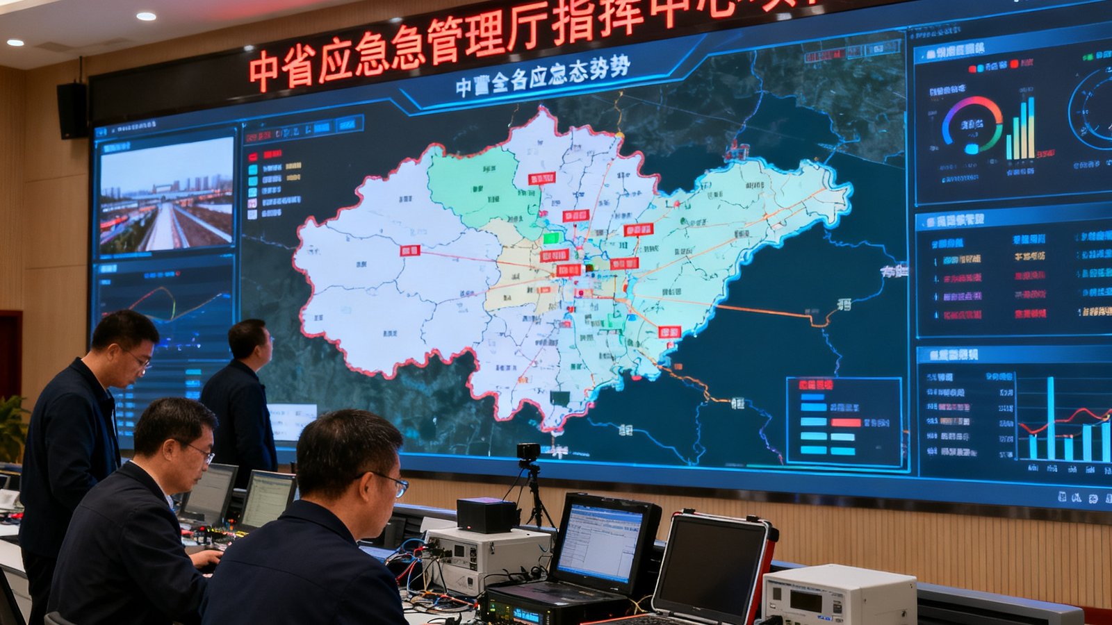 某省应急管理厅指挥中心项目验收现场，LED大屏显示全省应急态势图，几位验收人员在操作台前进行功能测试